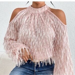 Pink Preppy Womens Women's Off-Shoulder Long Sleeve Tassel Top NWT